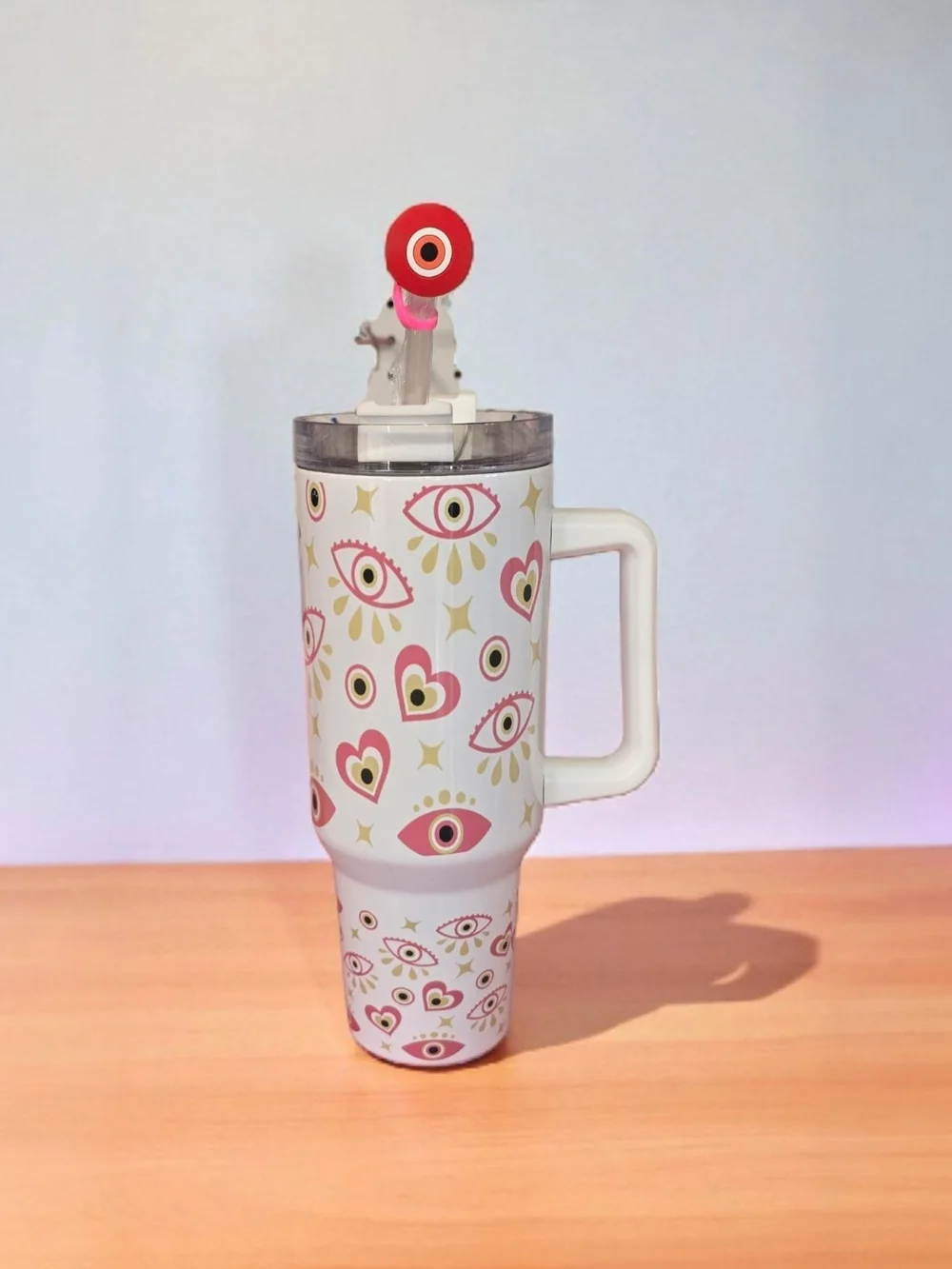Stylish White & Pink Evil Eye Pattern Travel Mug - Custom Made